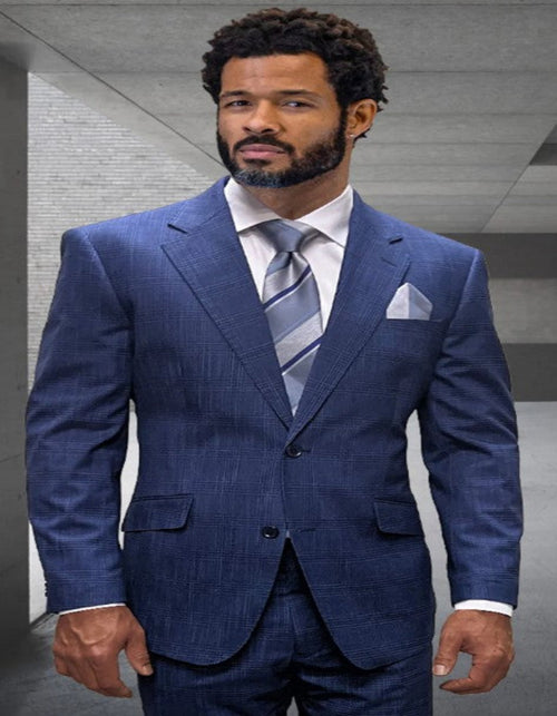 Mens 3 Piece 100 Percent Wool Suit - Affordable Italian Super 150's Fabric in Plaid Texture Fabric in Color Blue - Online Special USA Men's Outlet