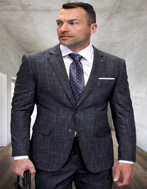 Mens 3 Piece 100 Percent Wool Suit - Affordable Italian Super 150's Fabric in Plaid Texture Fabric in Color Carbon - Online Special by USA Men's Outlet