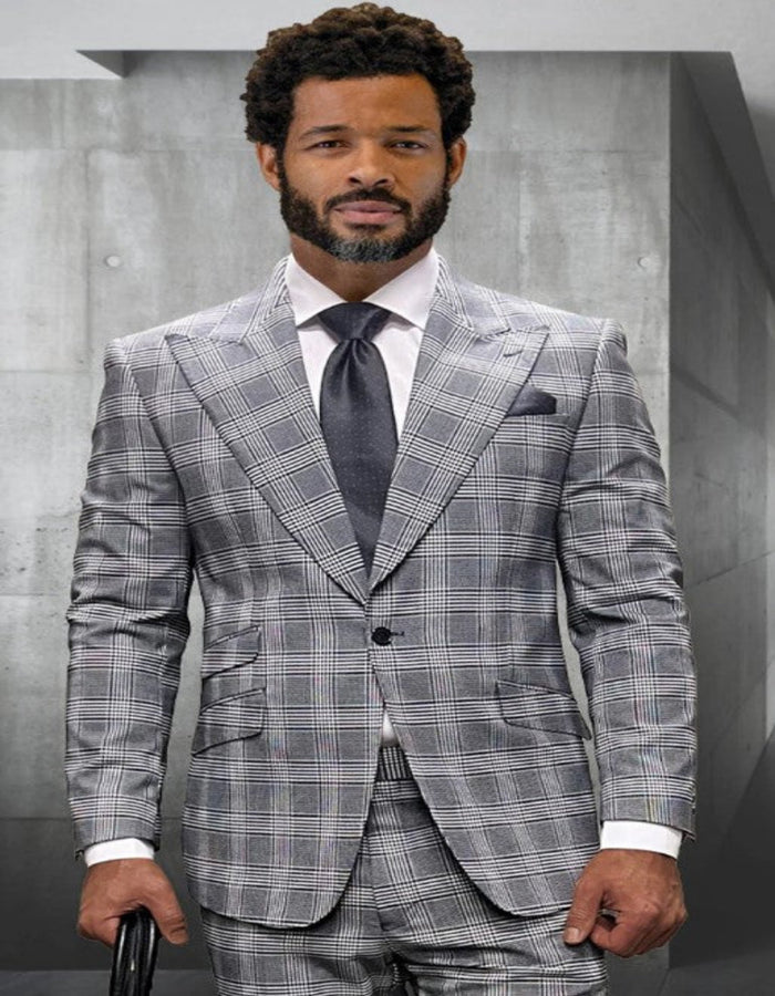 Mens 3 Piece 100 Percent Wool Suit - Affordable Italian Super 150's Fabric in Plaid Texture Fabric in Color Grey - Online Special USA Men's Outlet