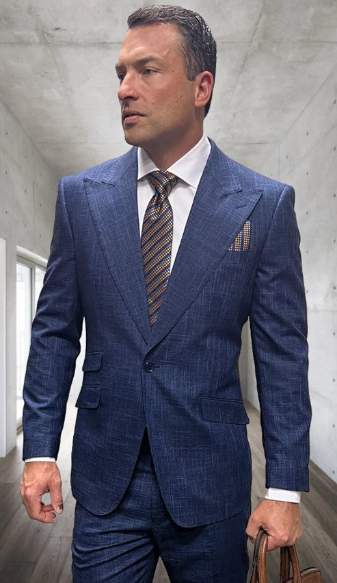 Mens 3 Piece 100 Percent Wool Suit - Affordable Italian Super 150's Fabric in Plaid Texture Fabric in Color Indigo Blue - Online Special by USA Men's Outlet