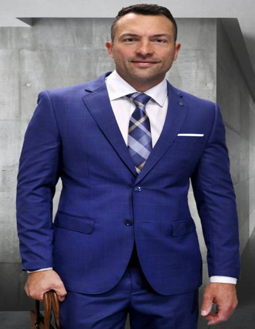 Mens 3 Piece 100 Percent Wool Suit - Affordable Italian Super 150's Fabric in Plaid Texture Fabric in Color Indigo - Online Special USA Men's Outlet
