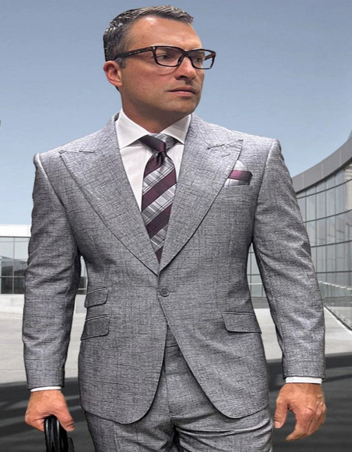 Mens 3 Piece 100 Percent Wool Suit - Affordable Italian Super 150's Fabric in Plaid Texture Fabric in Color Light Grey - Online Special by USA Men's Outlet