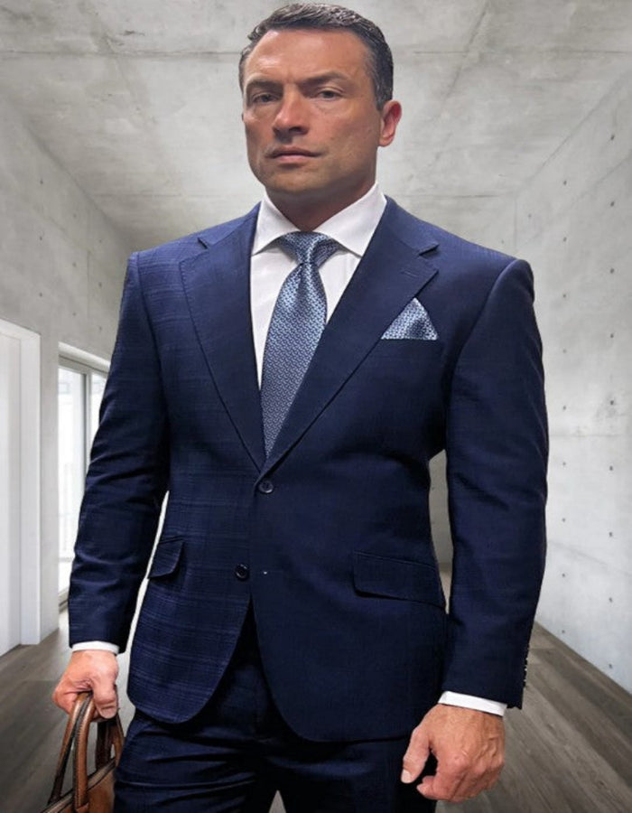 Mens 3 Piece 100 Percent Wool Suit - Affordable Italian Super 150's Fabric in Plaid Texture Fabric in Color Navy Blue - Online Special by USA Men's Outlet