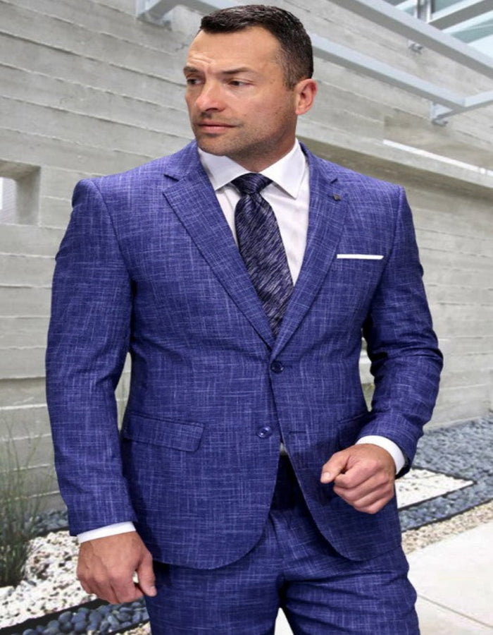 Mens 3 Piece 100 Percent Wool Suit - Affordable Italian Super 150's Fabric in Plaid Texture Fabric in Color Sapphire - Online Special USA Men's Outlet