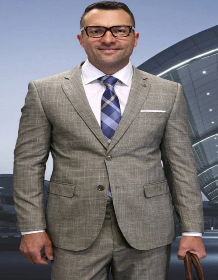 Mens 3 Piece 100 Percent Wool Suit - Affordable Italian Super 150's Fabric in Plaid Texture Fabric in Color Tan - Online Special by USA Men's Outlet