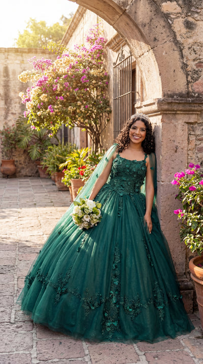 Quinceanera Dress Ball Gown Cape Sleeve 3D Floral and Plus Size LK185