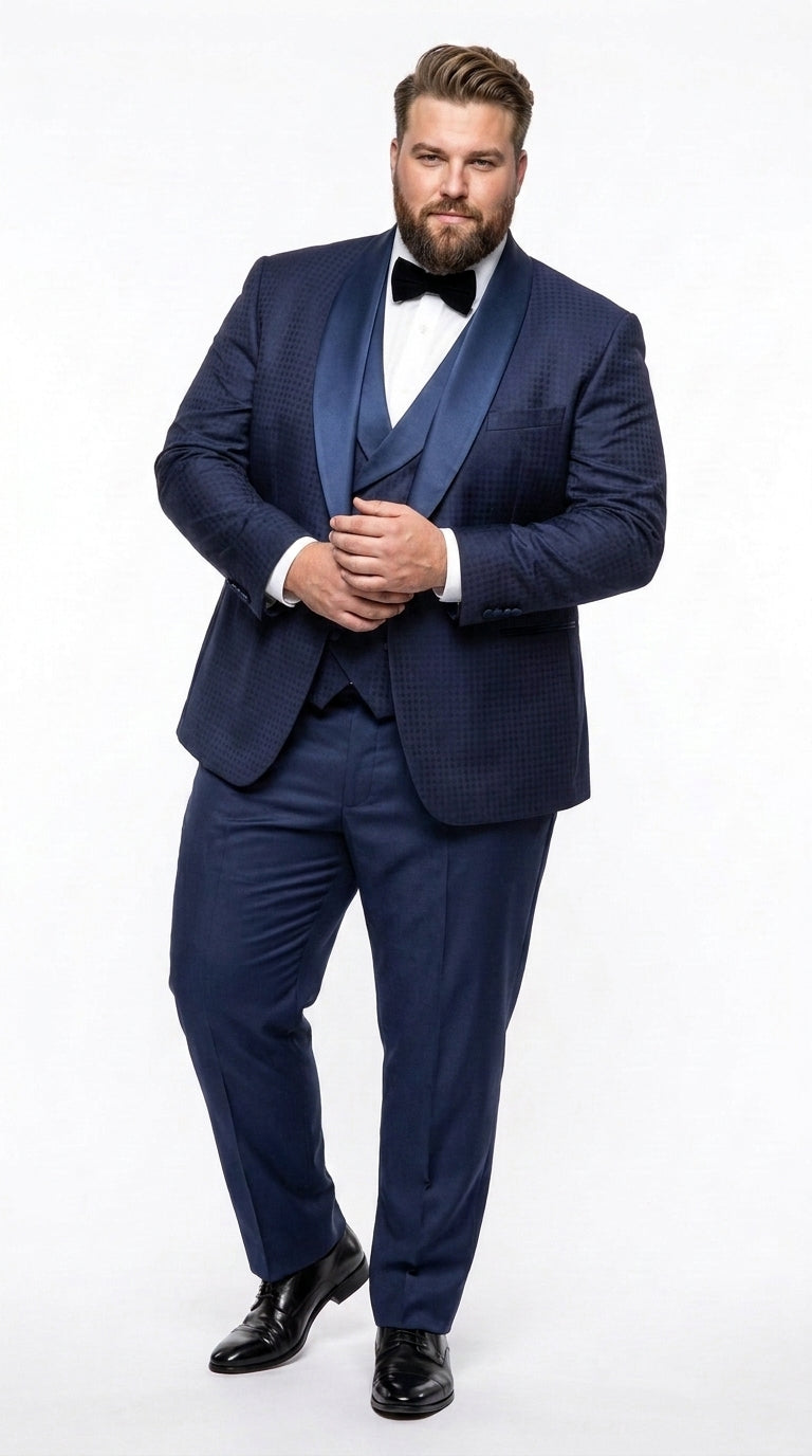 Men’s Navy Pinstripe Great Gatsby Tuxedo Suit, Shawl Collar Sateen Lapel Formal Wedding Prom Suit