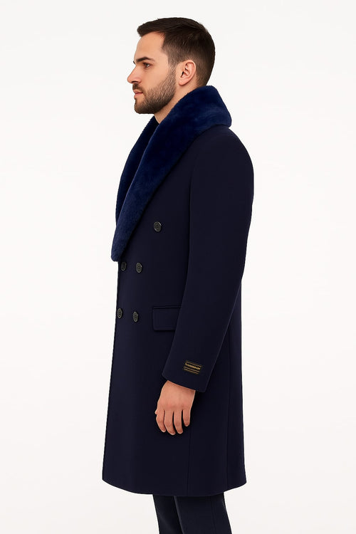 Mens Double-Breasted Navy Overcoat with Plush Blue Faux Fur Collar - Alberto Nardoni Winter Coat USA Men's Outlet