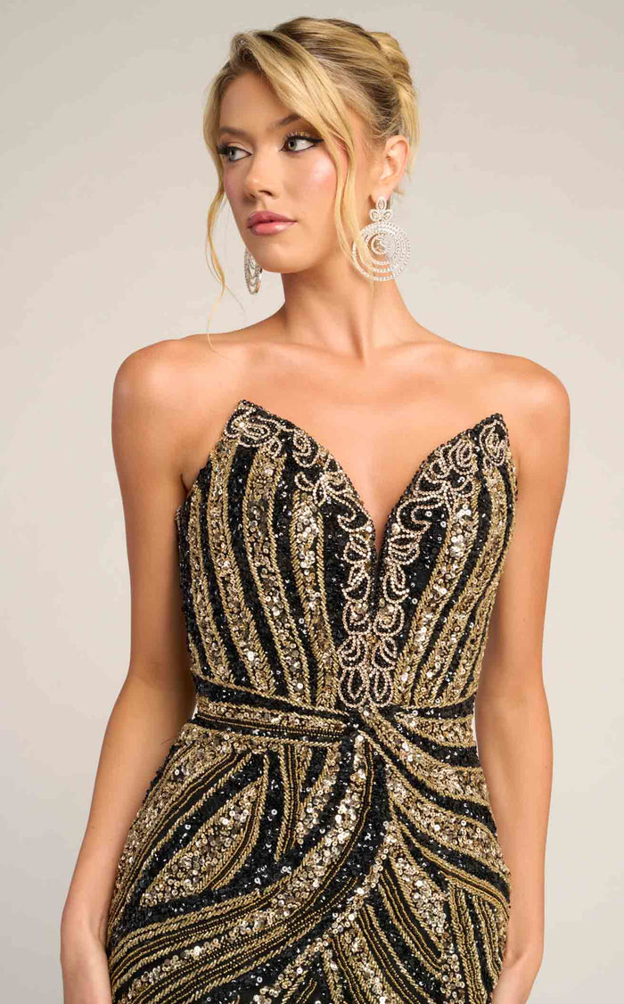 Portia & Scarlett PS26418C Strapless Sequin Evening Gown with Slit Sparkly Formal Prom Dress
