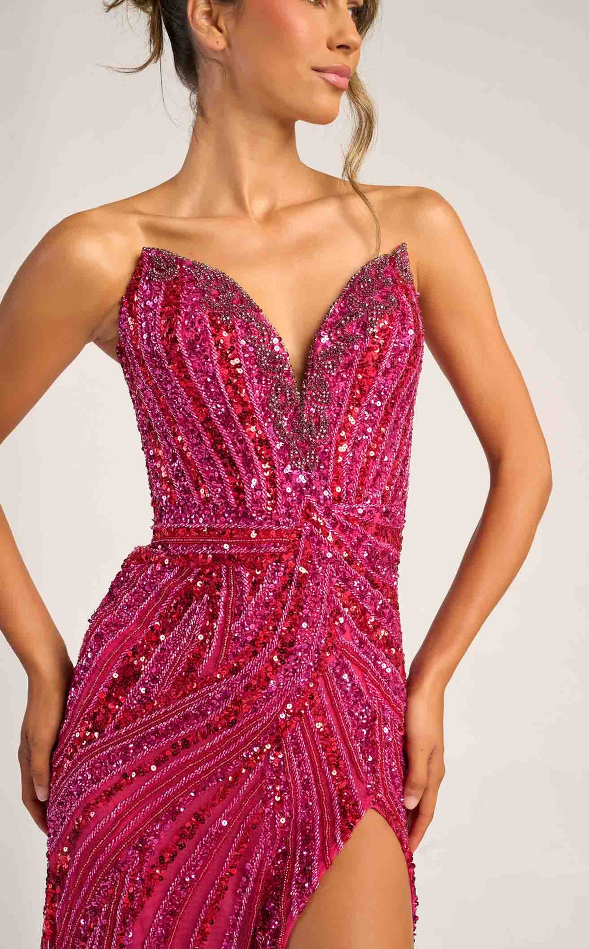 Portia & Scarlett PS26418C Strapless Sequin Evening Gown with Slit Sparkly Formal Prom Dress