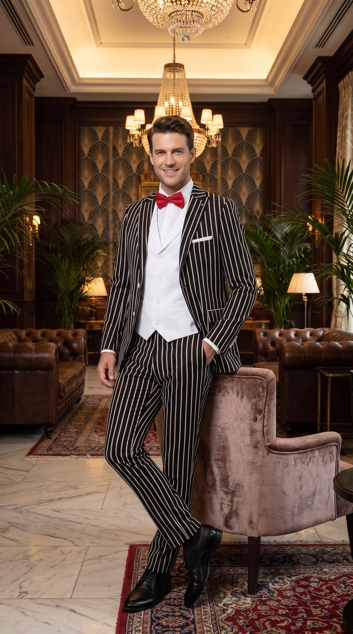 1920s Men’s Black Bold Pinstripe 3 Piece Gangster Suit – Vested Vintage Wedding & Formal Suit