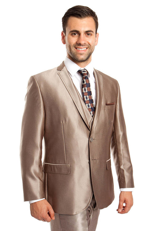 Men’s Sharkskin Vested Suit in Dark Taupe