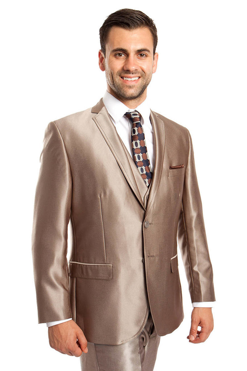 Men’s Sharkskin Vested Suit in Dark Taupe