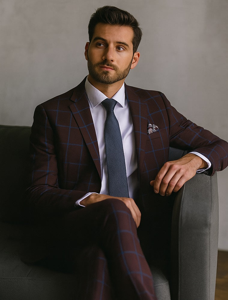 Pristine Slim Fit Blazer: Burgundy & Blue Windowpane Plaid // Renoir