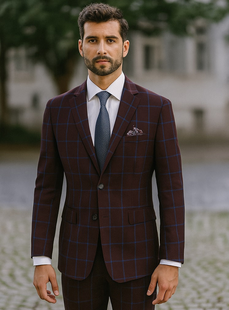 Pristine Slim Fit Blazer: Burgundy & Blue Windowpane Plaid // Renoir