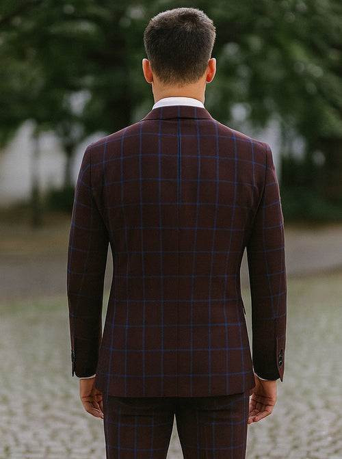Pristine Slim Fit Blazer: Burgundy & Blue Windowpane Plaid // Renoir