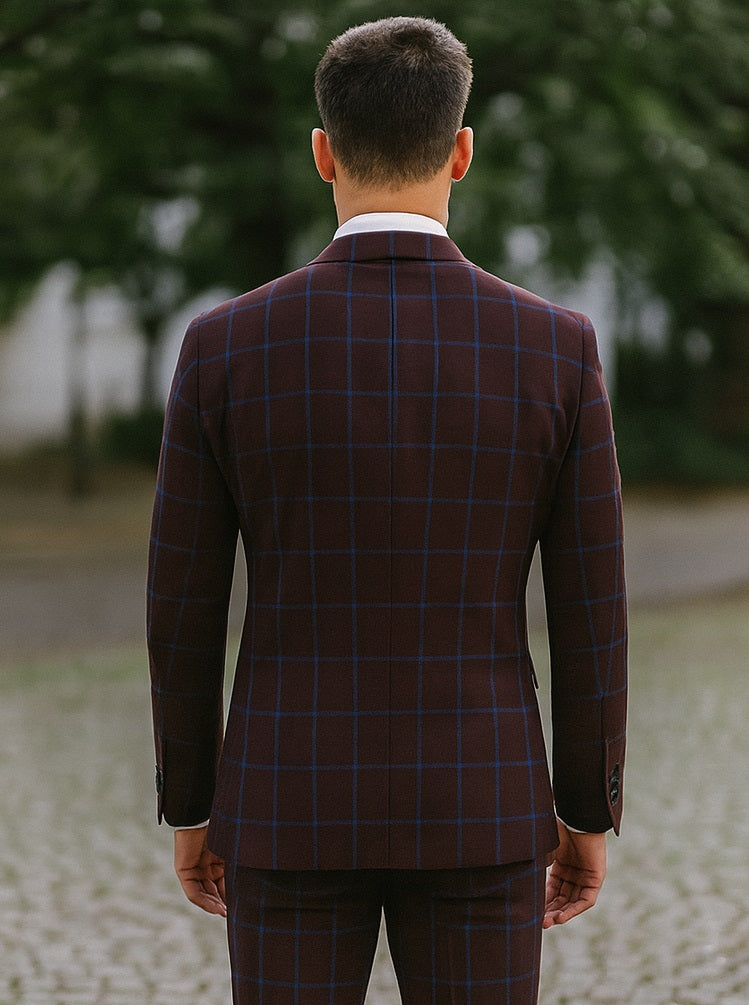 Pristine Slim Fit Blazer: Burgundy & Blue Windowpane Plaid // Renoir