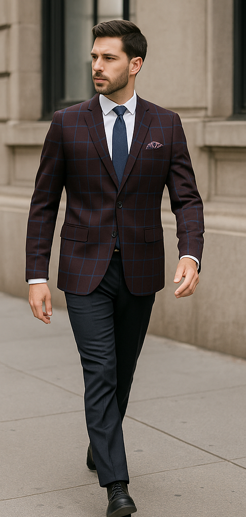 Pristine Slim Fit Blazer: Burgundy & Blue Windowpane Plaid // Renoir