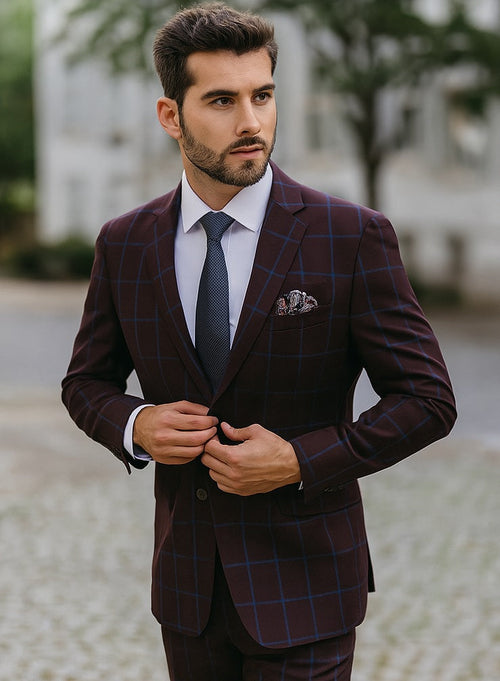 Pristine Slim Fit Blazer: Burgundy & Blue Windowpane Plaid // Renoir