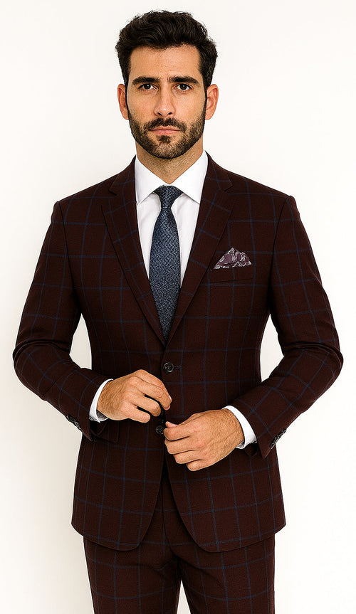 Pristine Slim Fit Blazer: Burgundy & Blue Windowpane Plaid // Renoir