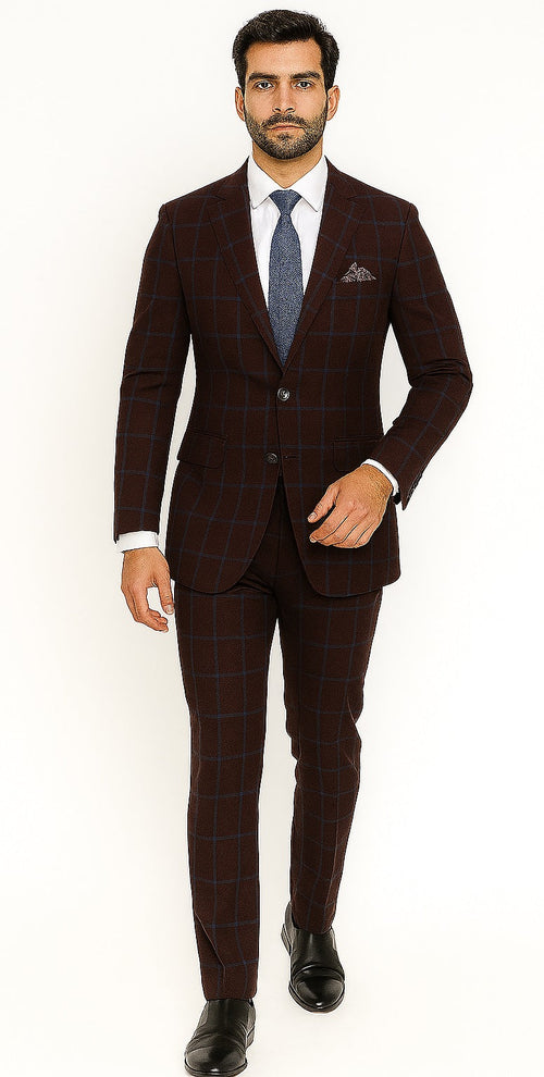 Pristine Slim Fit Blazer: Burgundy & Blue Windowpane Plaid // Renoir