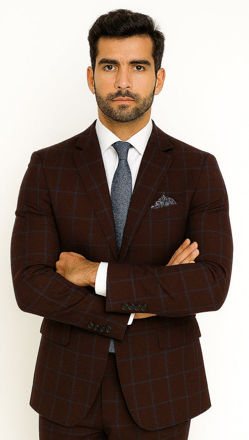 Pristine Slim Fit Blazer: Burgundy & Blue Windowpane Plaid // Renoir