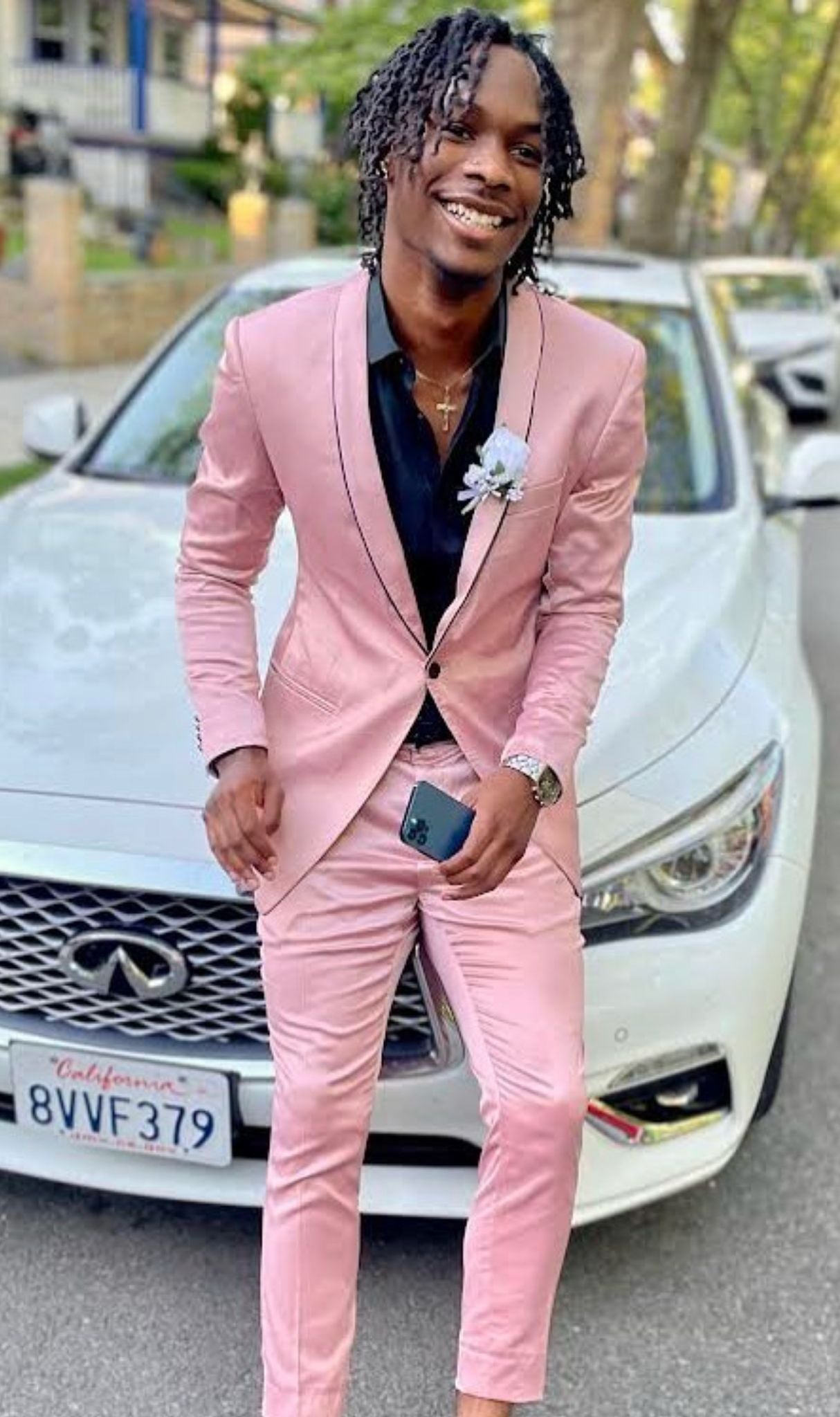 Mens Slim Fit Pink Tuxedo Suit with Black Trim – Modern Wedding and Prom Outfit in Rose Gold Blush Color