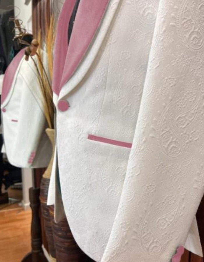 White and Pink Tuxedo - Prom Suit (Jacket + Pants + Vest + Bowtie Package) by USA Men's Outlet