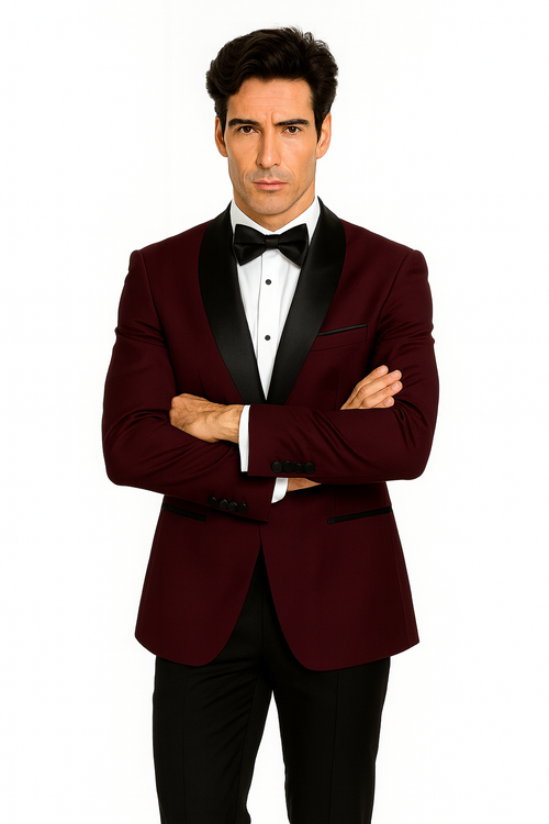 Prom Tuxedo - Wedding Suit - Groom Suit MEN'S BURGUNDY WITH BLACK LAPEL VESTED 100% WOOL TUXEDO