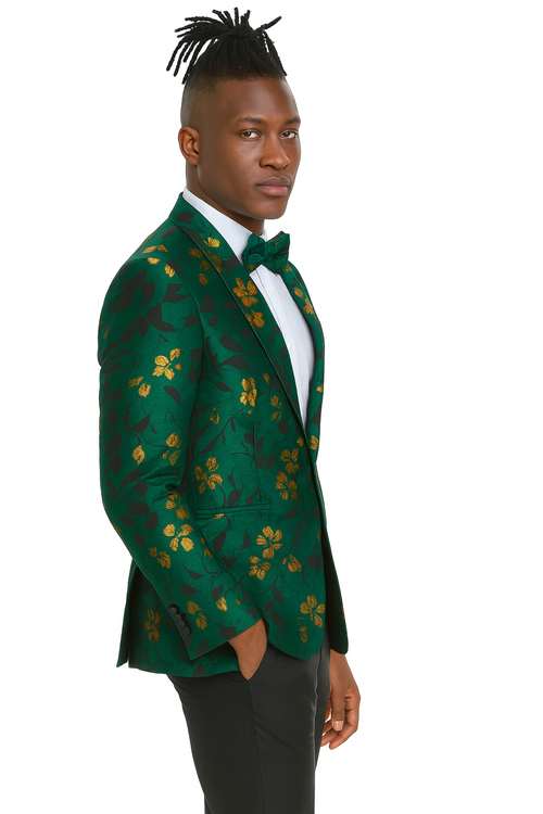 Tailors Tazio Tailors Men's Slim Fit Paisley Foiled Blazer - Hunter Green & Gold for Prom & Weddings
