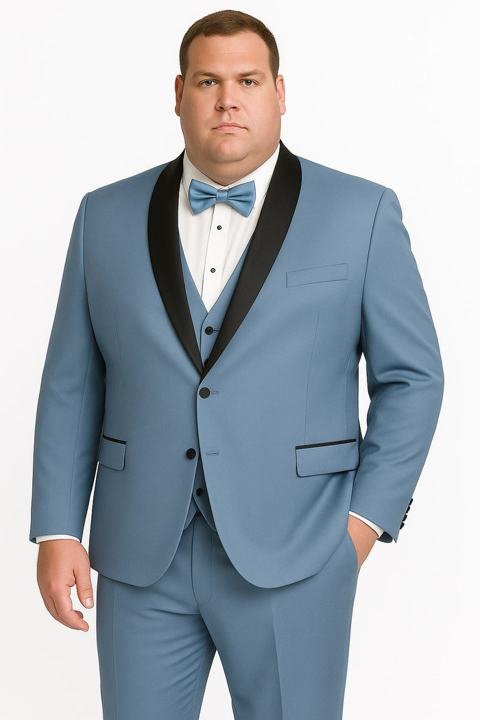 Sky Blue Tuxedo with Black Shawl Lapel Slim Fit Prom and Wedding Suit in Baby Blue Color - Light Blue by USA Men's Outlet