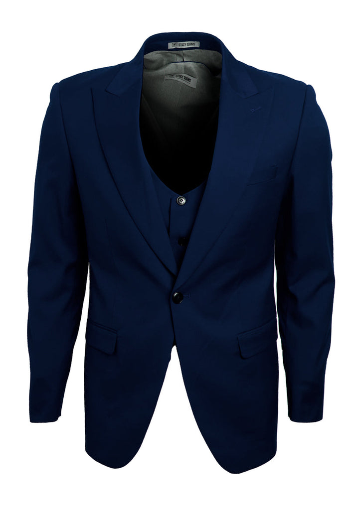 Men's Vested One-Button Peak Lapel Navy Blue Suit by Stacy Adams
