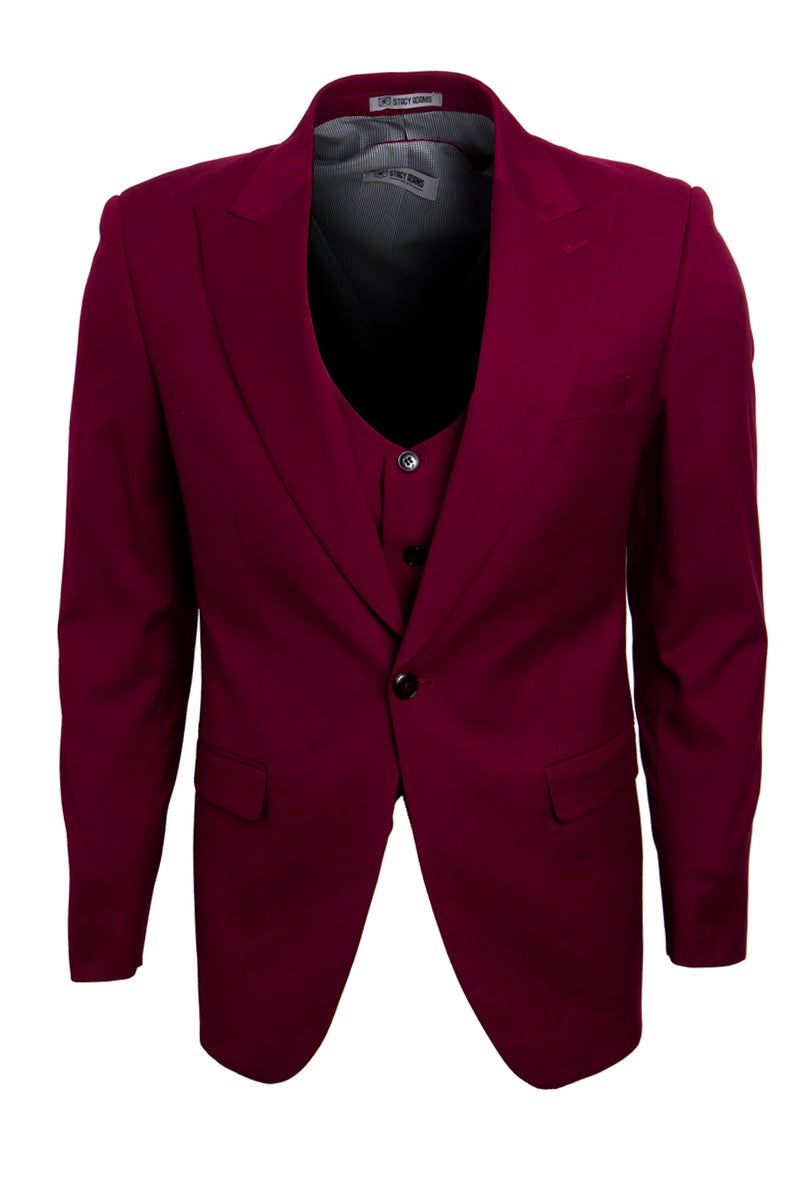 Men's Stacy Adams Vested Burgundy Suit - Classy 1-Button Peak Lapel