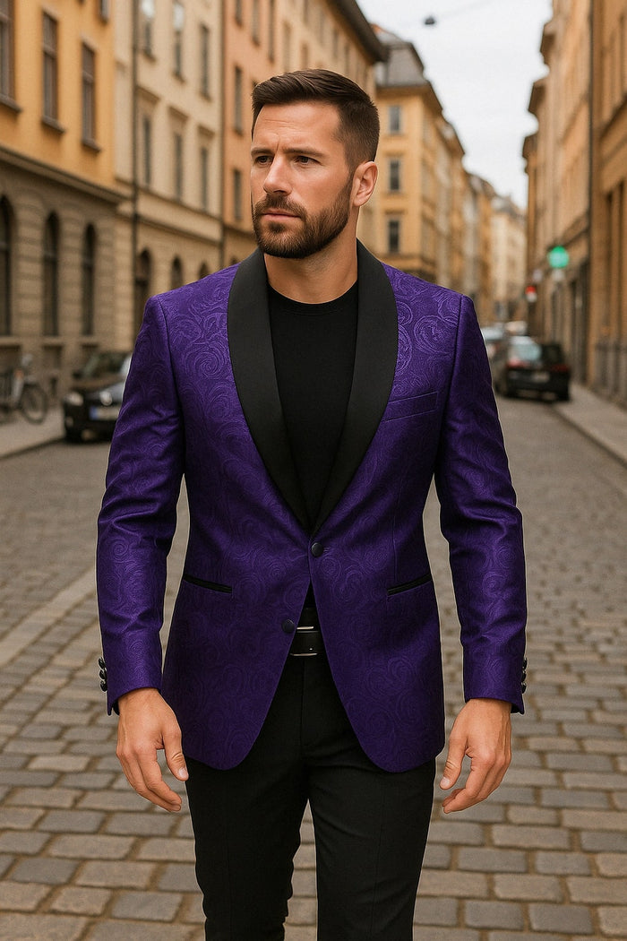 Mens Purple Paisley Pattern Blazer Jacket - Satin Finish by USA Men's Outlet