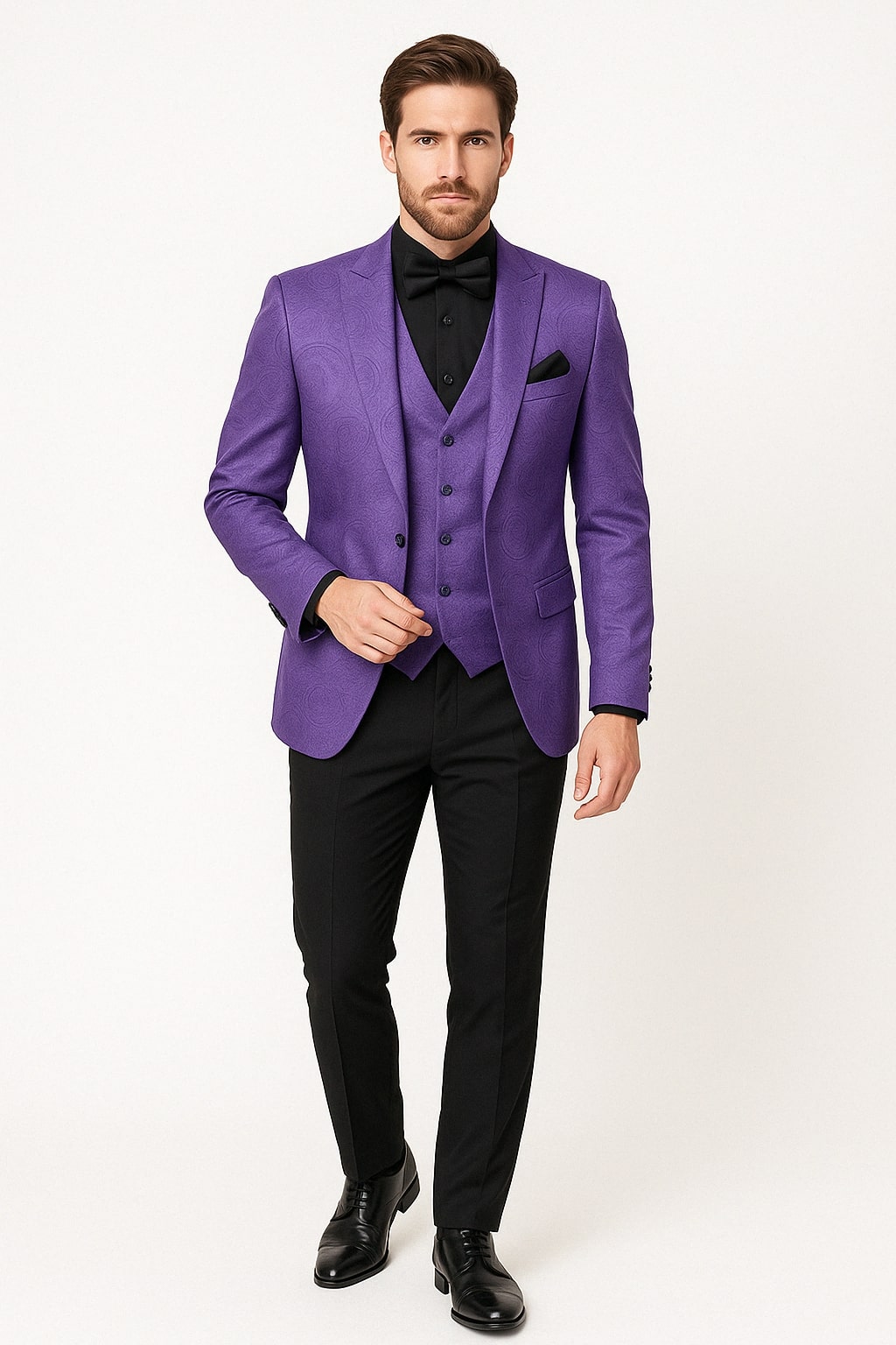 Men’s Purple Paisley Tuxedo Suit – 3 Piece Formal Set with Vest and Bow Tie – SuitUSA