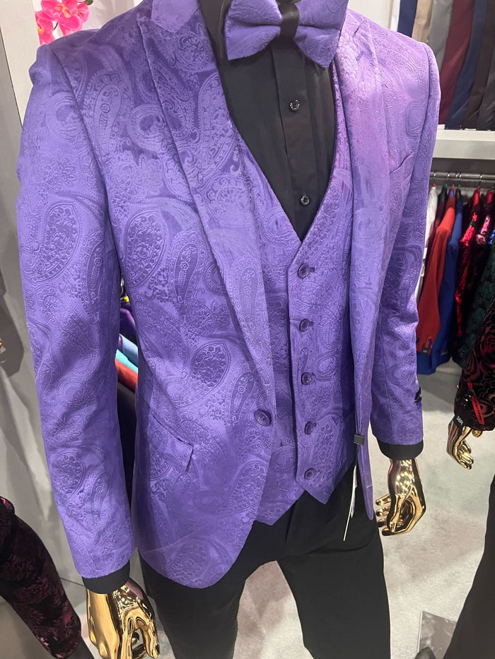 Men’s Purple Paisley Tuxedo Suit - 3 Piece Formal Set with Vest and Bow Tie by USA Men's Outlet