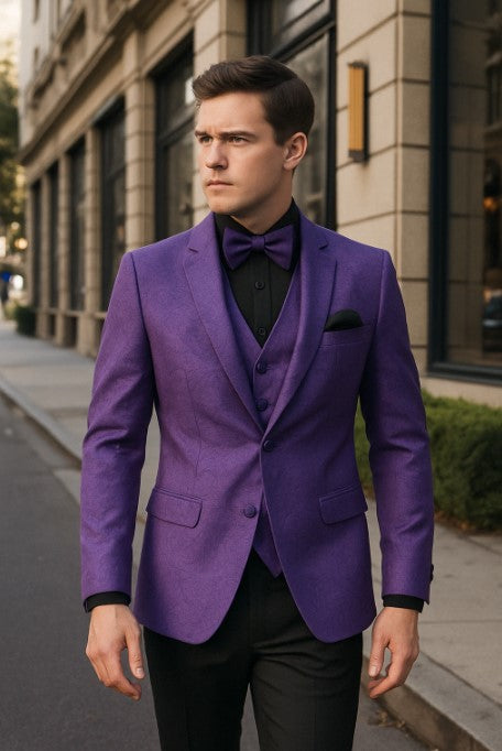 Mens Purple Paisley Tuxedo - 3 Piece Suit with Bow Tie and Black Pants - Wedding & Prom Outfit - Slim Fitted USA Men's Outlet