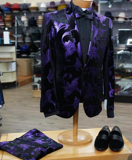 Mardi Gras Suit - Purple and Black Paisley Tuxedo Dinner Jacket + Matching Pants - Slim Fitted by Menssuitsatlantain