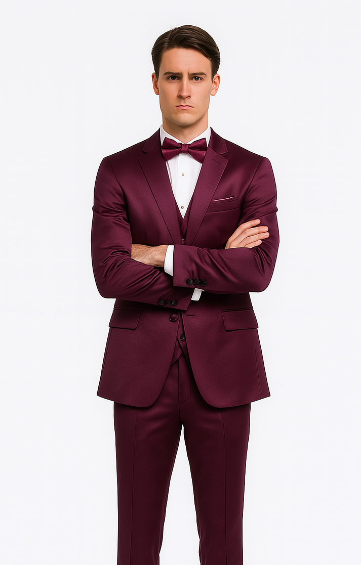 Tazzio Men's Purple Satin Double Breasted 3 Piece Slim Fit Suit with Peak Lapel – Elegant Formalwear