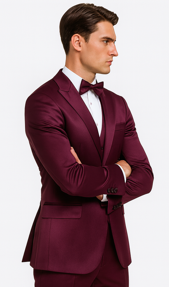 Tazzio Men's Purple Satin Double Breasted 3 Piece Slim Fit Suit with Peak Lapel – Elegant Formalwear