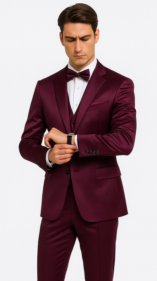 Tazzio Men's Purple Satin Double Breasted 3 Piece Slim Fit Suit with Peak Lapel – Elegant Formalwear