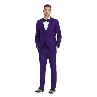 New Tazio Birdseye Textured Black Purple Tuxedo | Shawl Collar Satin Trim 3-Piece - Men's Tuxedo USA