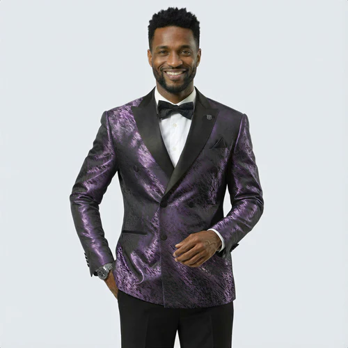 Men’s Formal Purple Jacquard Tuxedo Jacket with Black Satin Peak Lapel by USA Men's Outlet
