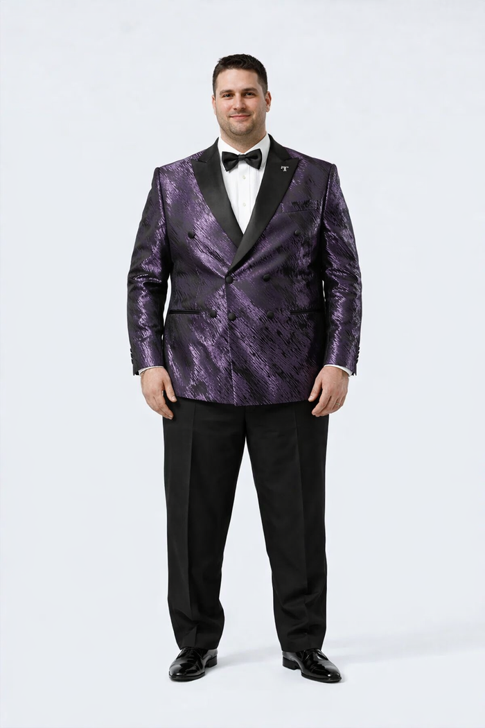 Men’s Formal Purple Jacquard Tuxedo Jacket with Black Satin Peak Lapel by USA Men's Outlet