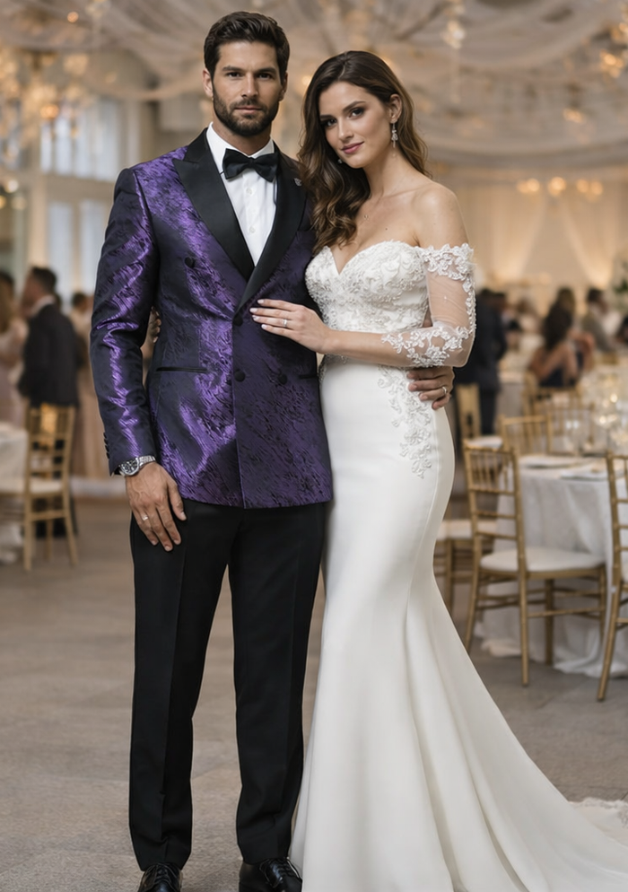 Men’s Formal Purple Jacquard Tuxedo Jacket with Black Satin Peak Lapel by USA Men's Outlet