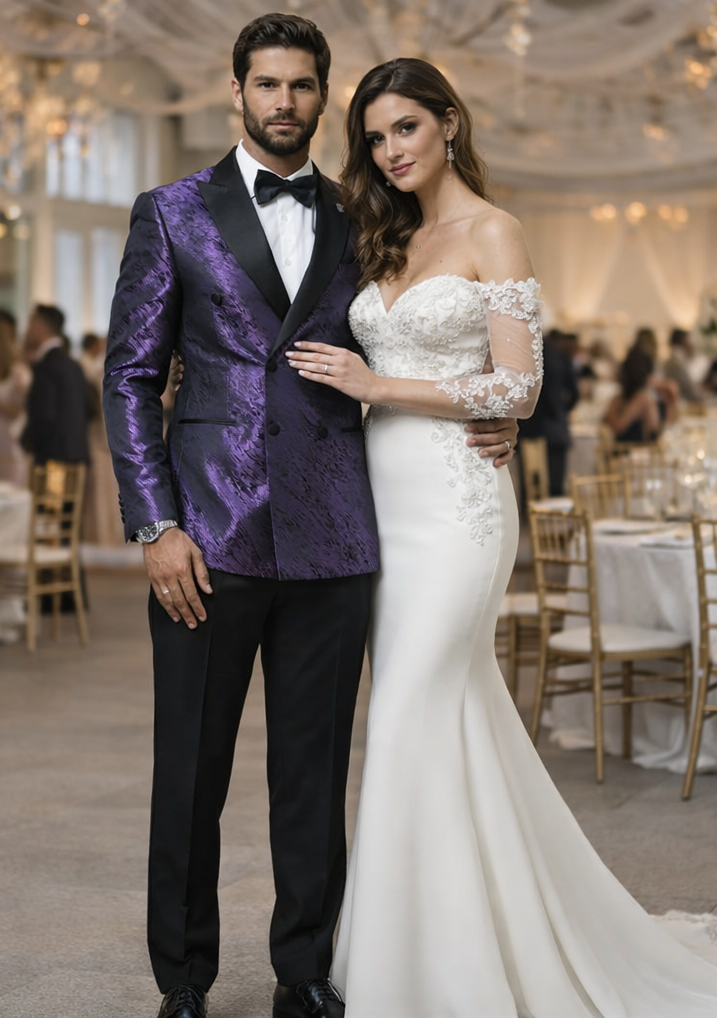 Men’s Formal Purple Jacquard Tuxedo Jacket with Black Satin Peak Lapel by USA Men's Outlet