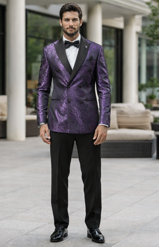 Men’s Formal Purple Jacquard Tuxedo Jacket with Black Satin Peak Lapel by USA Men's Outlet