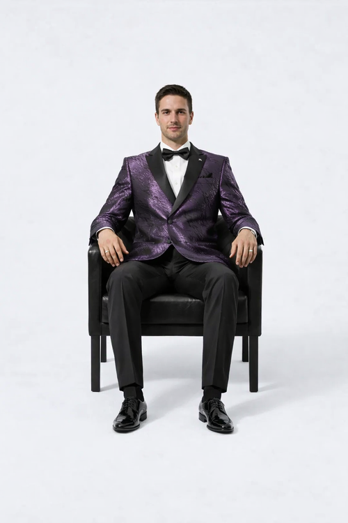 Men’s Formal Purple Jacquard Tuxedo Jacket with Black Satin Peak Lapel by USA Men's Outlet