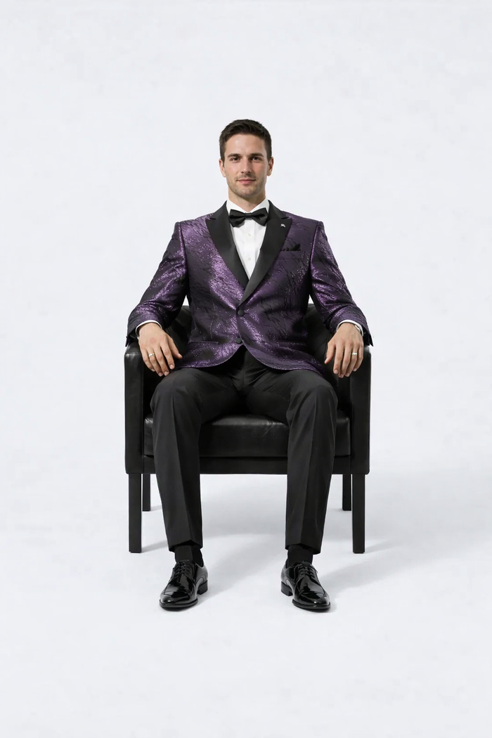 Men’s Formal Purple Jacquard Tuxedo Jacket with Black Satin Peak Lapel by USA Men's Outlet