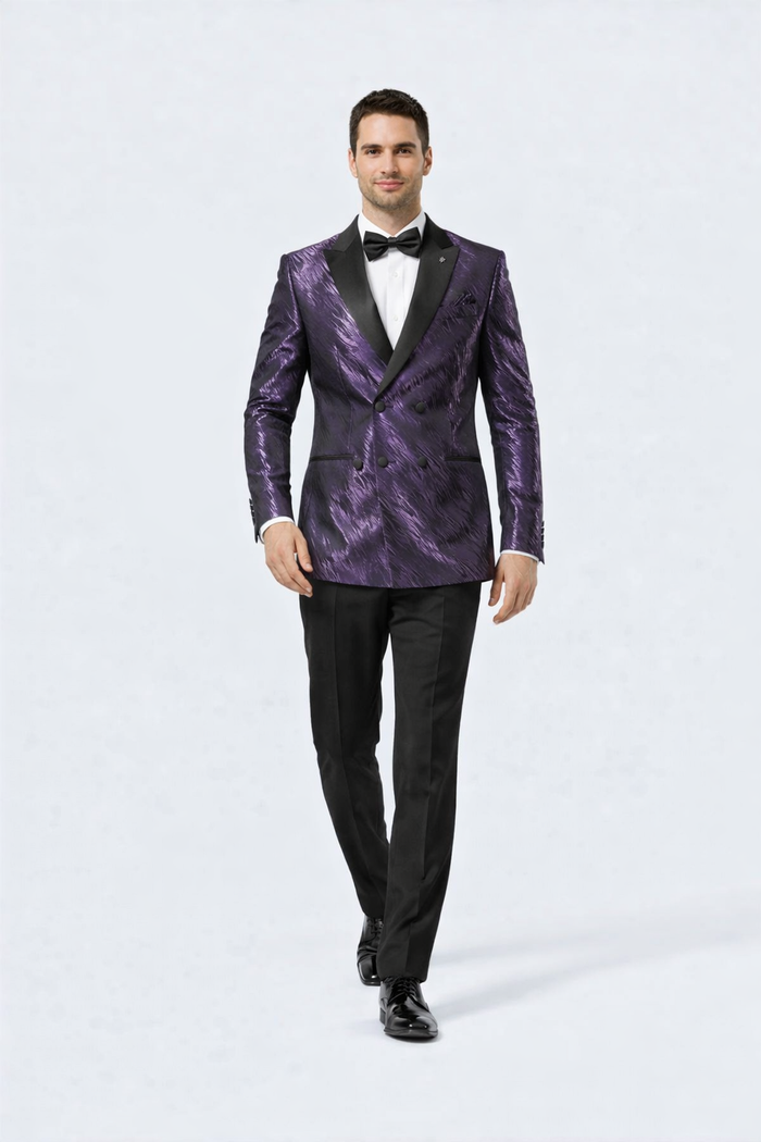 Men’s Formal Purple Jacquard Tuxedo Jacket with Black Satin Peak Lapel by USA Men's Outlet